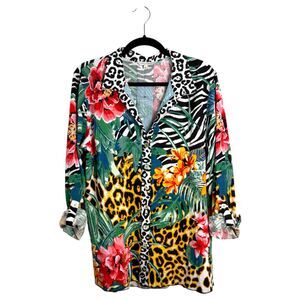 John Mark Hawaiian Jungle Floral Animal Print Long Sleeve Button Blouse Large